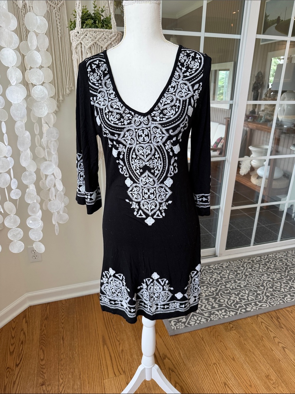 Voll Black Tunic Dress with White Embroidered Medallion Design